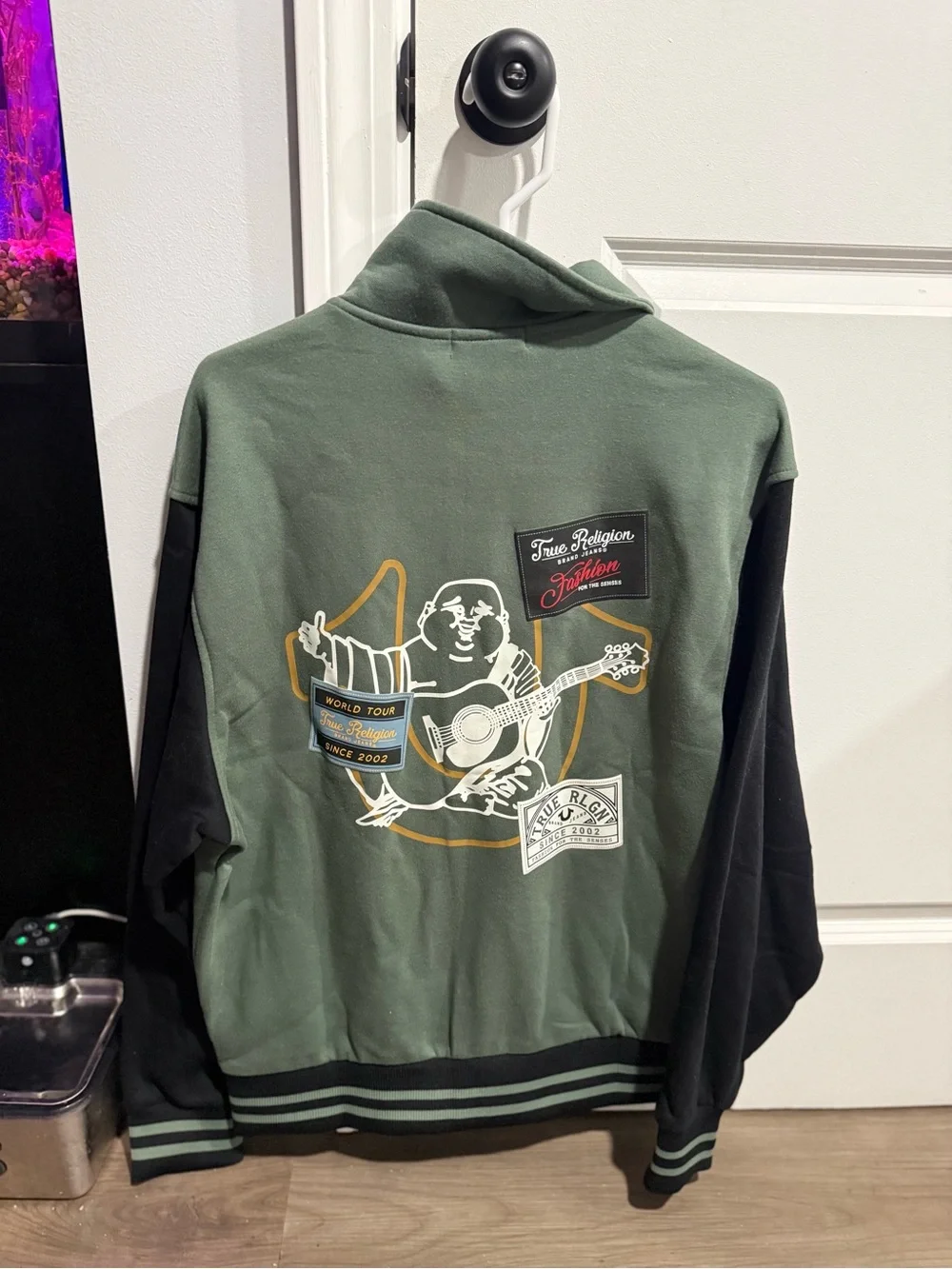 True Religion Green & Black Letterman Bomber Jacket